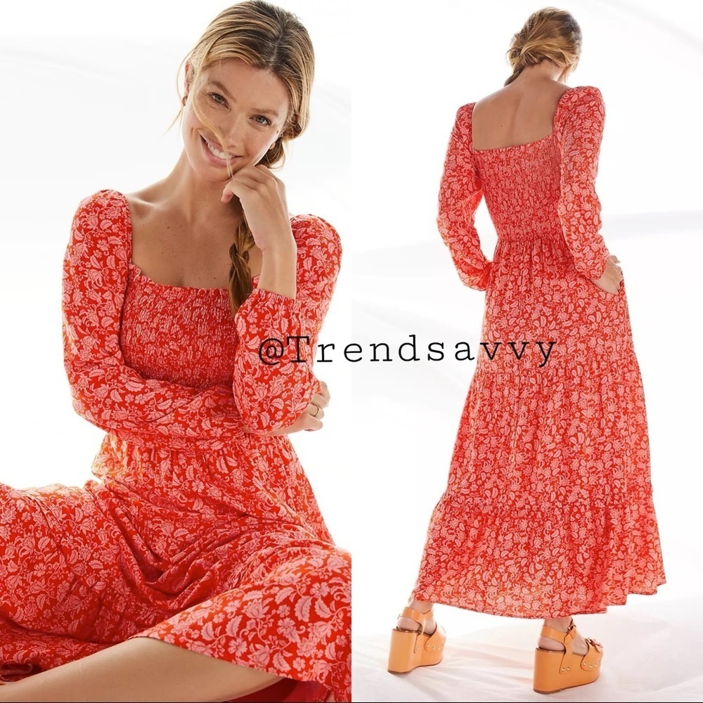 Anthropologie Dolan Left Coast Red Floral Print Smocked Square Neck Midi Dress S